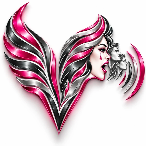 VINA emblem: a winged V whose wing becomes a woman's face with a single tear, with two faces behind her and sound waves of voices being heard.