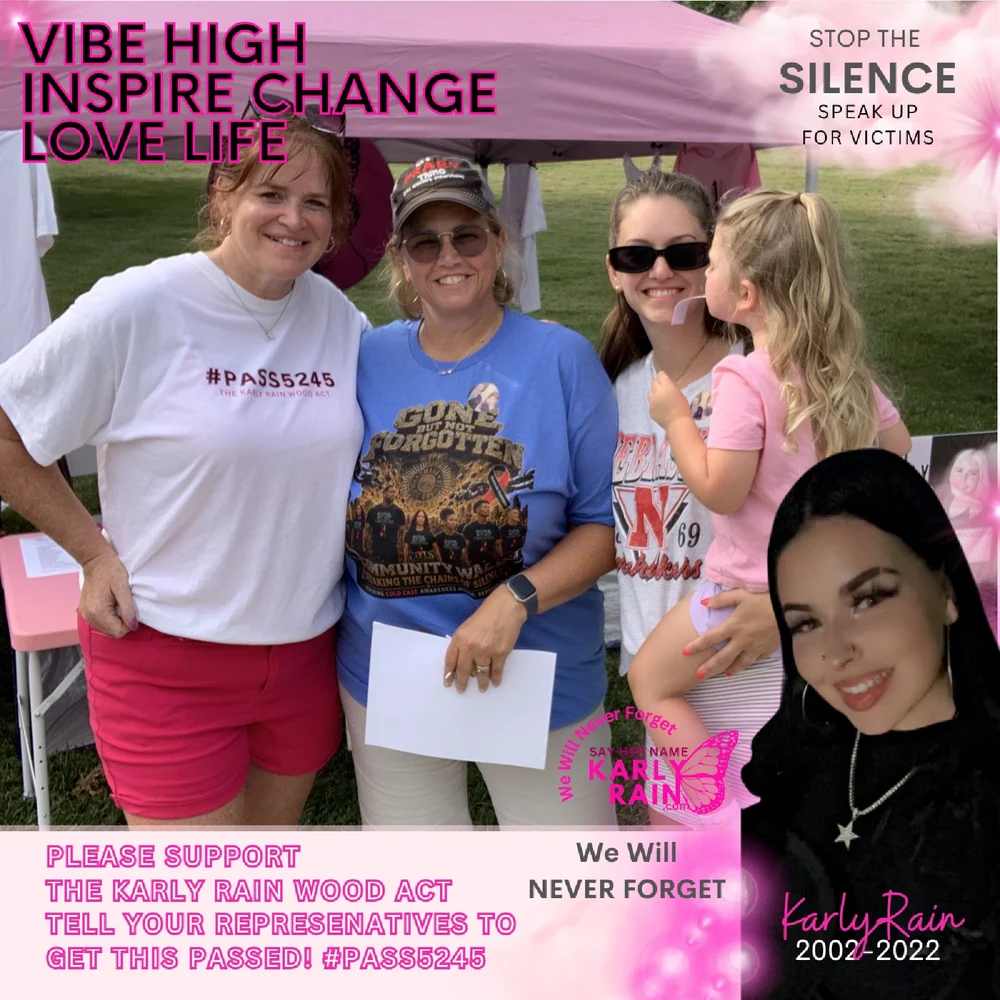 Karly Rain graphic: Amber Wood in a #PASS5245 shirt with families at a community walk, beside a photo of Karly Rain, 2002 to 2022, with the words Vibe High, Inspire Change, Love Life, We Will Never Forget, and Please support the Karly Rain Wood Act.